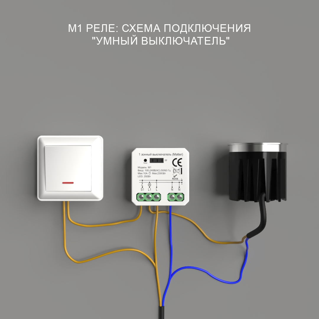 Реле M1 (Matter): 1 канал*10А; MAX нагрузка для LED 250Вт; вход/выход 220В AC, мод. M1